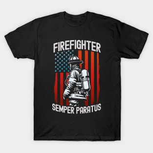 Firefighter American Flag Hero Semper Paratus Patriotic Prid T-Shirt